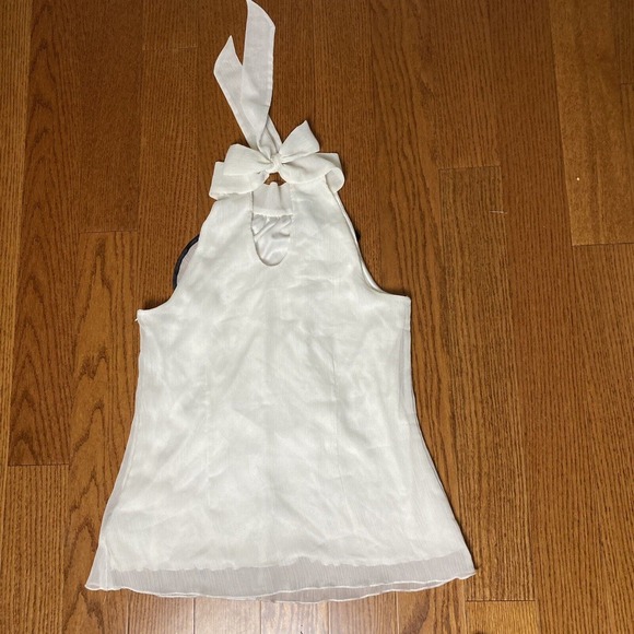 M Ruffle ruffles tie bow ribbed chiffon halter high neck blouse black white BCX - Picture 2 of 8